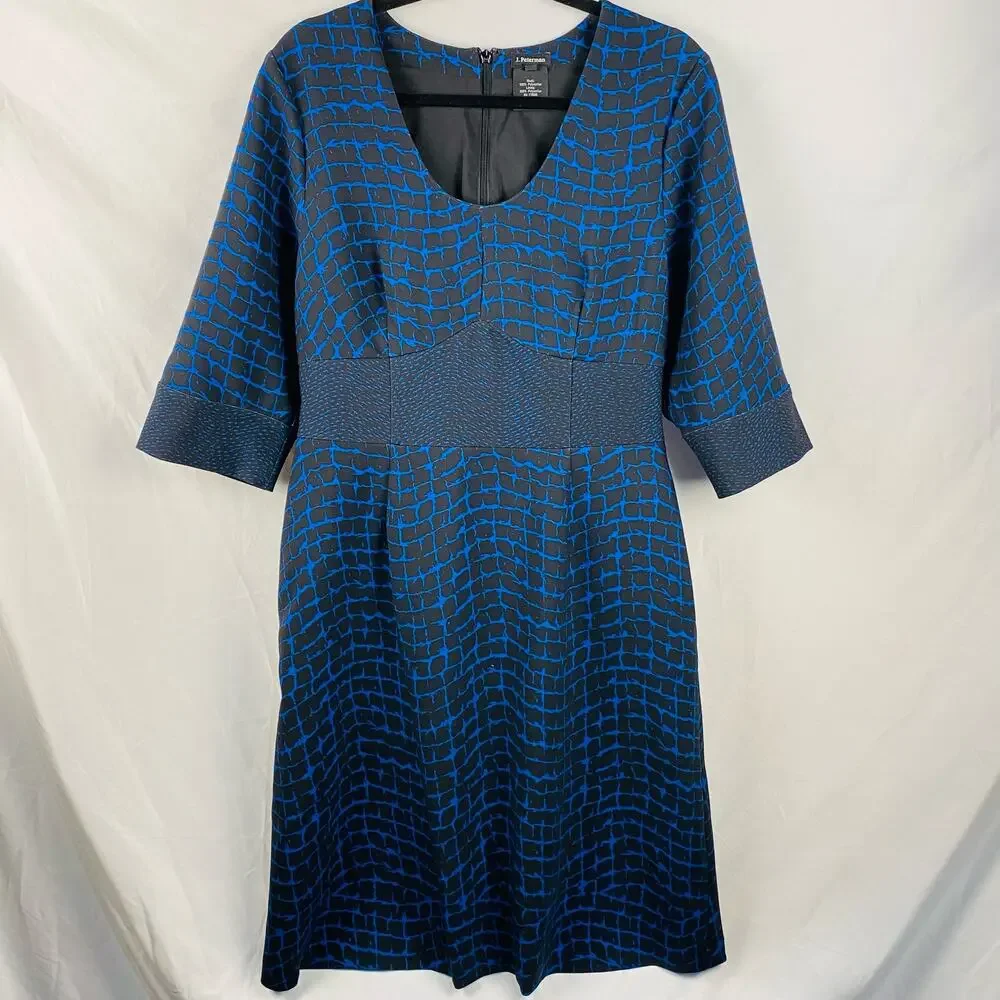J. Peterman Black &‎ Blue Patterned Knee Length Career Dress 12 Office Modest